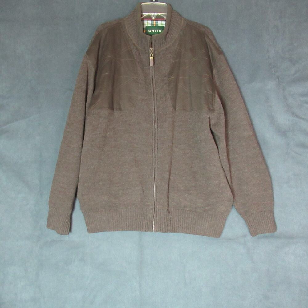 Orvis Sweater Wool Shooting Jacket Mens XL Brown Bomber Hunting Shoulder Patches